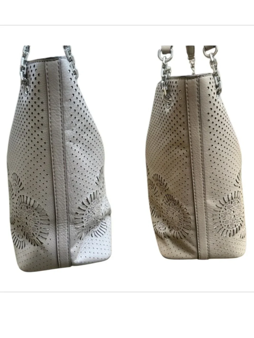Tory Burch NWT Zoey Center Zip Tote grey perforated leather delicate laser-cut